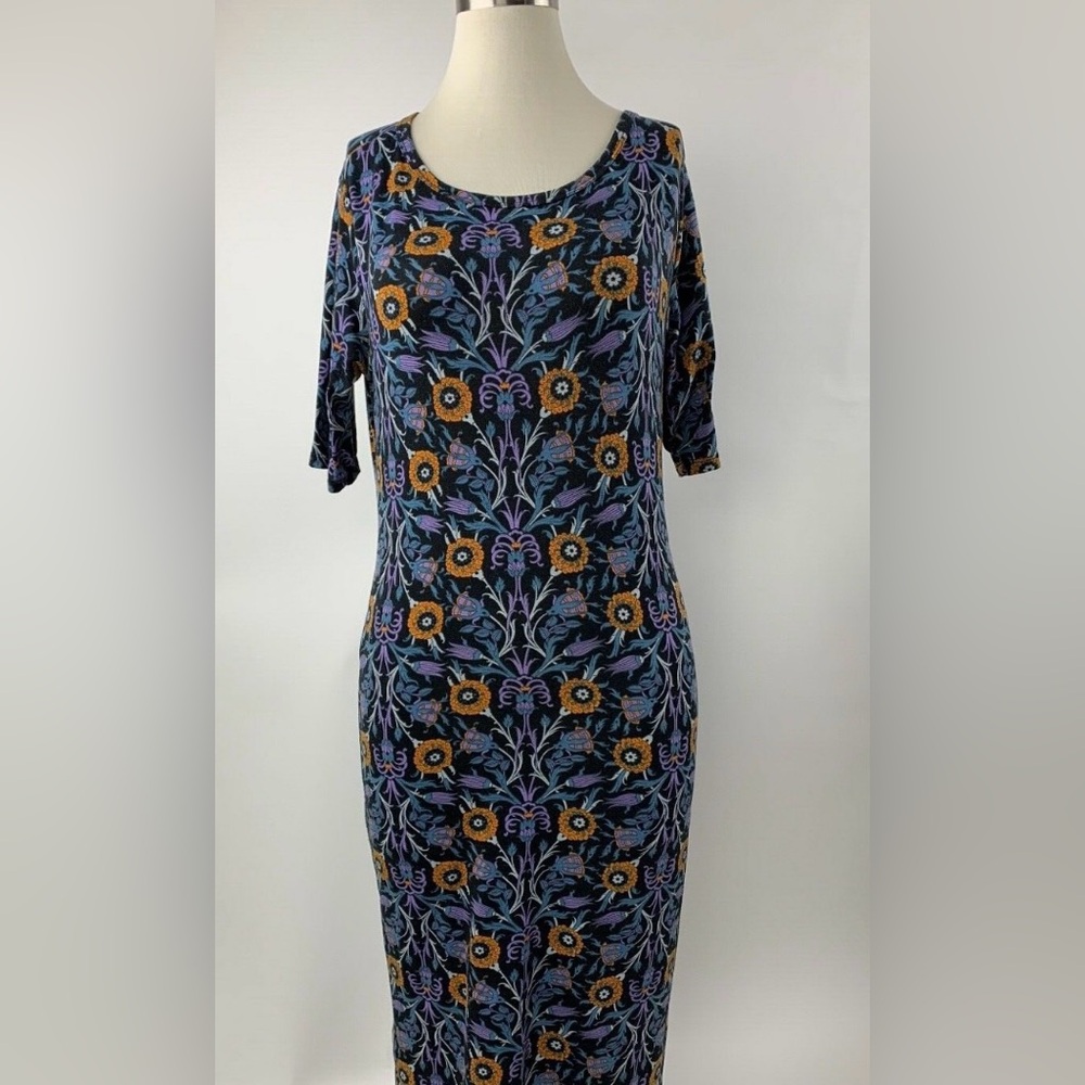 LulaRoe Julia Damask Floral Blue Purple Pencil Sheath Stretch Dress Medium NWOT